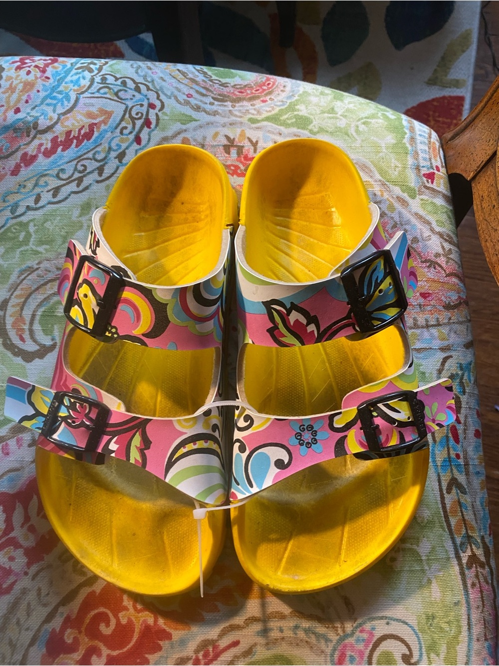 Birki’s Women's 39 Floral Double-Buckle Slide Sandals in Yellow